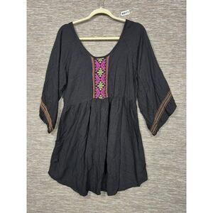 Exist Embroidered Shift Dress Womens Size XL Black 3/4 Bell Sleeve Peasant Boho